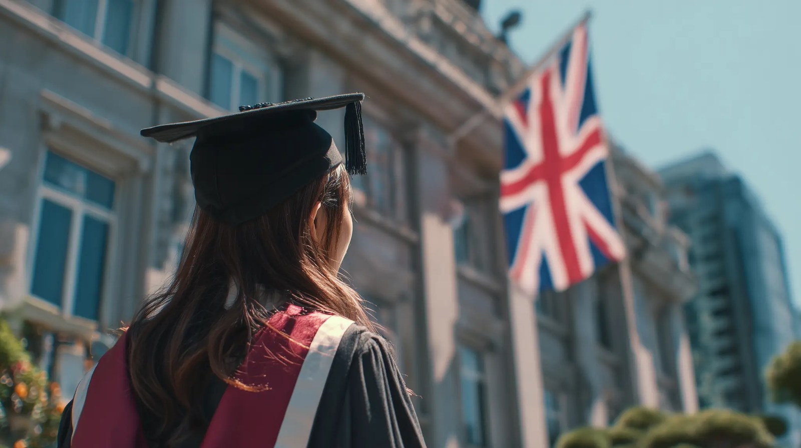 英國大學畢業生身穿學袍望向懸掛英國旗的校舍