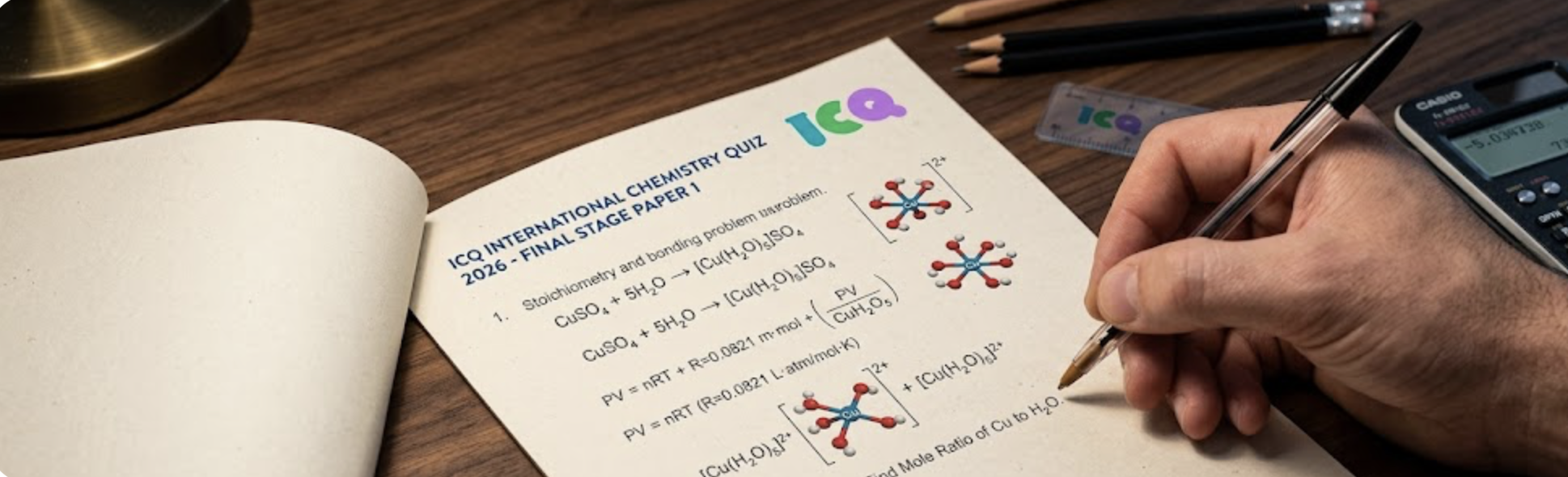 學生手握圓珠筆專注解答 ICQ 國際化學檢定考試試卷（包含 stoichioemtry 公式及分子結構圖）特寫 - Aston Education 提供之競賽培訓