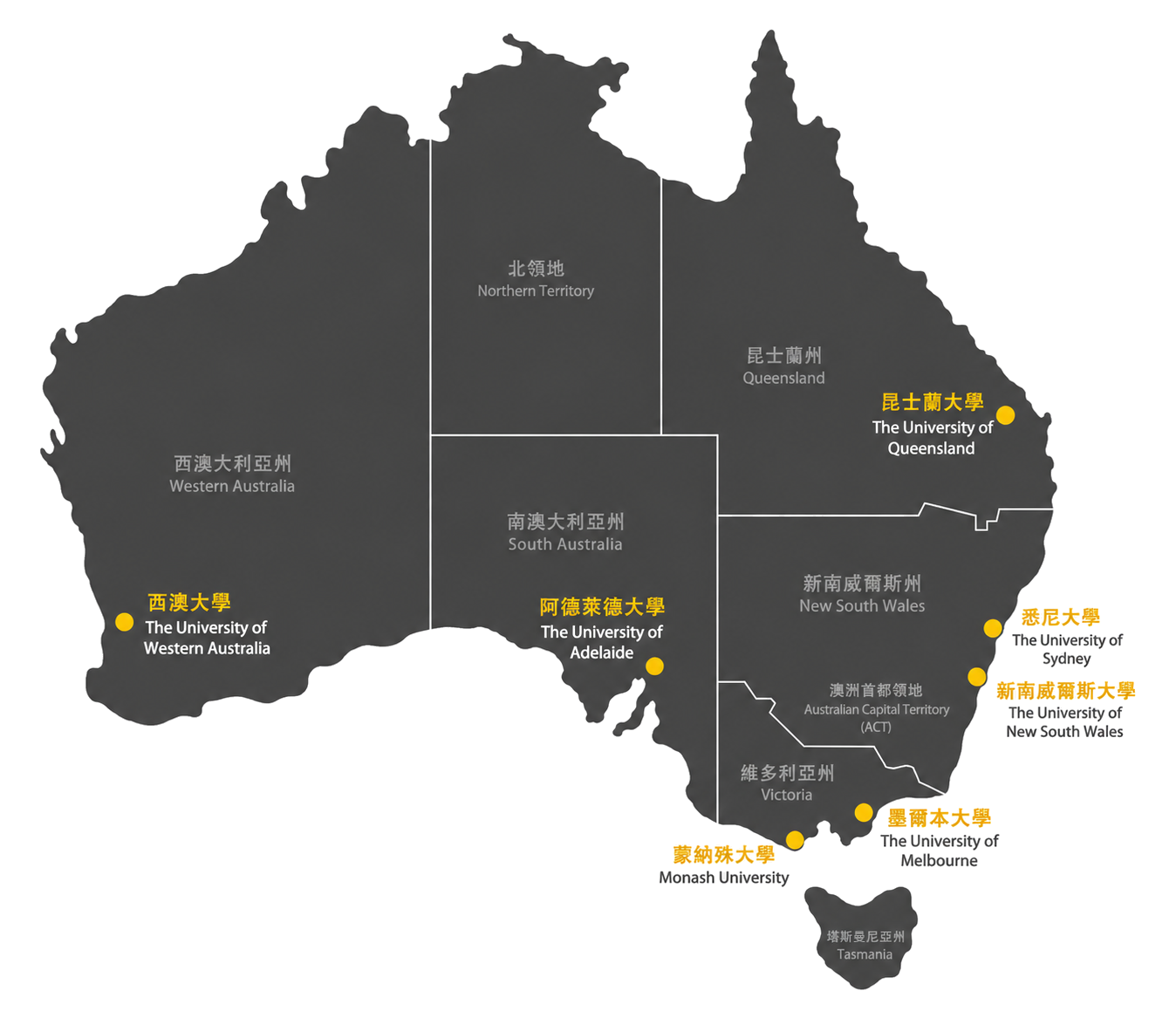 澳洲八大名校地圖 2026 — 墨爾本大學、悉尼大學、UNSW、ANU 等地理分佈與 DSE 入學要求